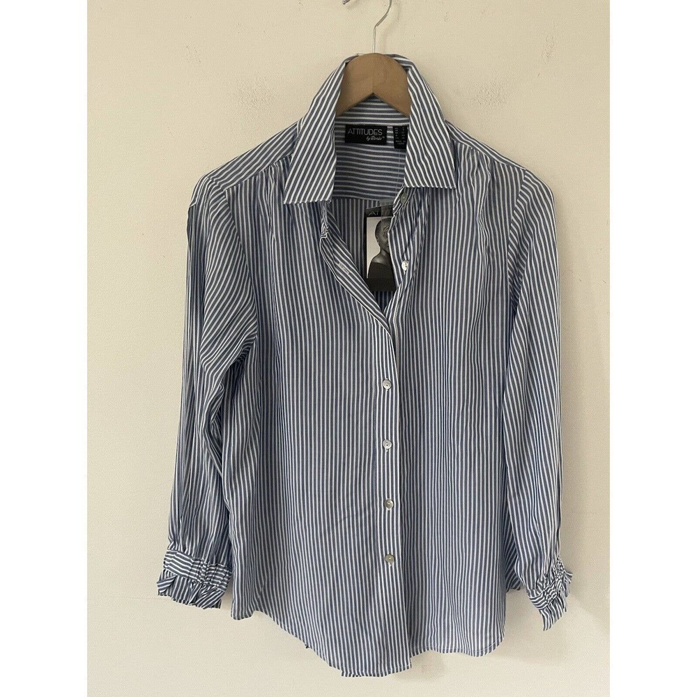 Attitudes by Renee Womens Striped Sz 2 Viscose Button Front Top White Blue
